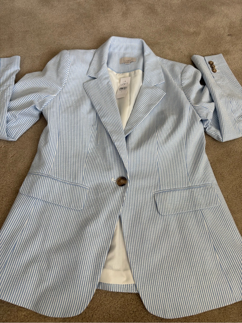 LOFT Light Blue & White Striped Seersucker Blazer